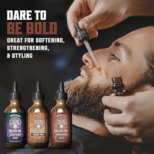 Viking Revolution Beard Oil for Men 3 Pack - Natural Mens Beard Oil Variety Set - Sandalwood, Pine and Cedar, Clary Sage Scents - Beard Conditioning and Moisturizing for a Healthy Beard (3 Pack, 1oz)