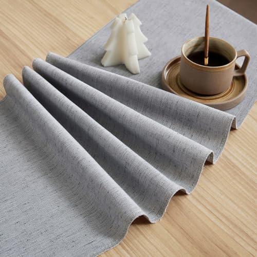 Cotton Linen Table Runner 13x90 Inch Silver Grey with Hand Tassels - Farmhouse Decor