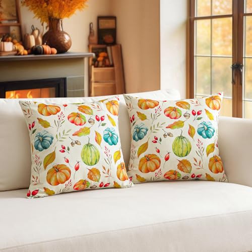 Pumpkin & Maple Leaf Fall Throw Pillow Covers Set of 2 - 18x18 Inches