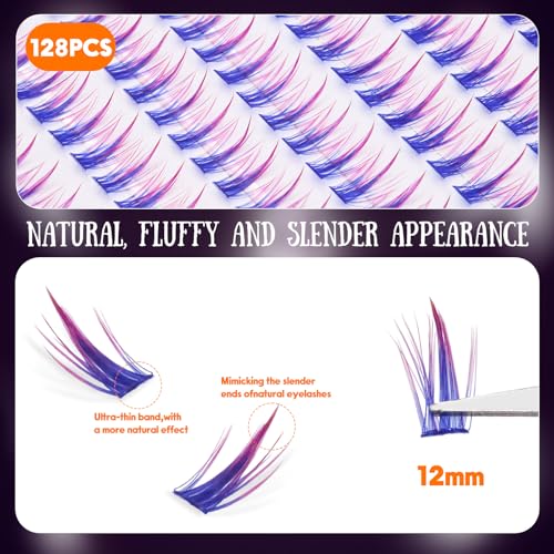 Pink Purple Gradient False Eyelash Clusters 12mm for Eye Makeup & Cosplay - 128 PCS