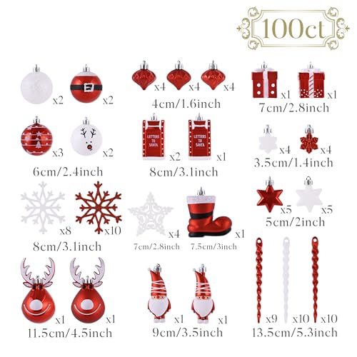 Christmas Tree Ornaments Set - 100 Shatterproof Holiday Decorations with Snowman Reindeer Santa & More