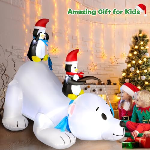 6 Ft Inflatable Christmas Polar Bear with Penguins LED Lights Outdoor Yard Decor