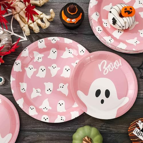Pink Ghost Halloween Paper Plates 48pcs Disposable Party Dinnerware 7 & 9 Inch