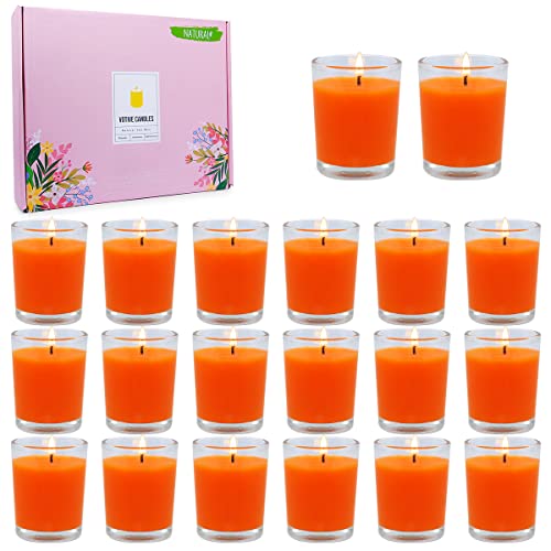 Orange Unscented Votive Candles in Clear Glass - Bulk Natural Soy Wax, 20 Pack