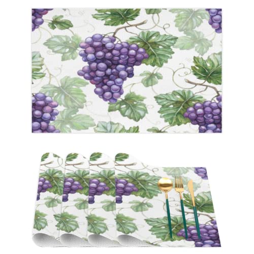Purple Grape Placemats Set of 6 Heat Resistant Vinyl Table Mats for Kitchen Dining