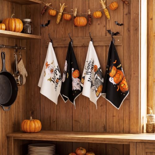 Halloween Ghost Kitchen Towels Set - 12 Spooky Pumpkin Dish Hand Towels with Variation Black+Pink