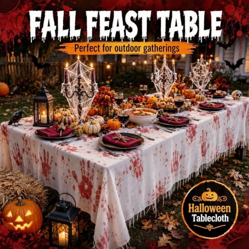 Large Bloody Handprint Halloween Tablecloth - Creepy Fake Blood Stained Cover, 84.6 x 108.3 Inches