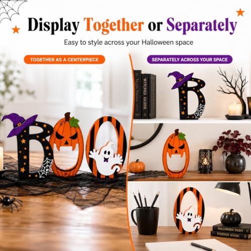 Halloween BOO Table Decorations Set - Wooden Tiered Tray Decor for Fall & Spooky Events