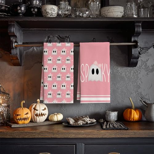 Pink Ghost Halloween Kitchen Towels Set of 4 - 18x26 Microfiber Dish Towels, Quick Dry