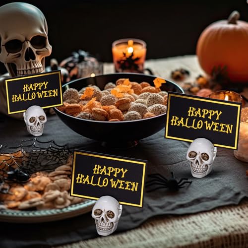 12 Set Halloween Skull Place Card Holders with 24 Name Cards - Resin Party Table Decor