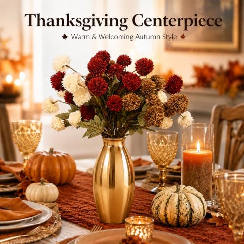 Artificial Fall Chrysanthemum Flowers Set - Burgundy, Cream White & Brown 12 Bundles