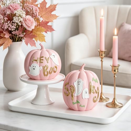 Pink Halloween Pumpkin Decor Set with Ghost and Bat - Fall & Spooky Table Centerpieces - WDS WONDROUS