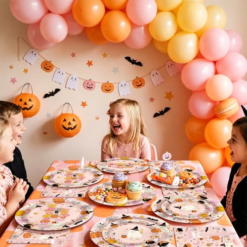 Pink Halloween Party Plates and Napkins Set - Boo Theme, 96 pcs