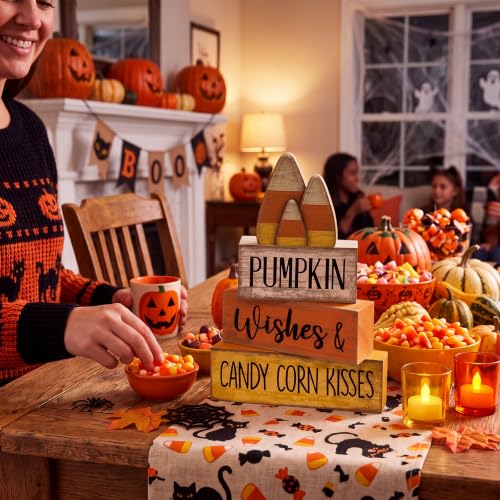 Candy Corn Fall Wooden Decor Set - 4 Pcs Autumn Thanksgiving Home Accent