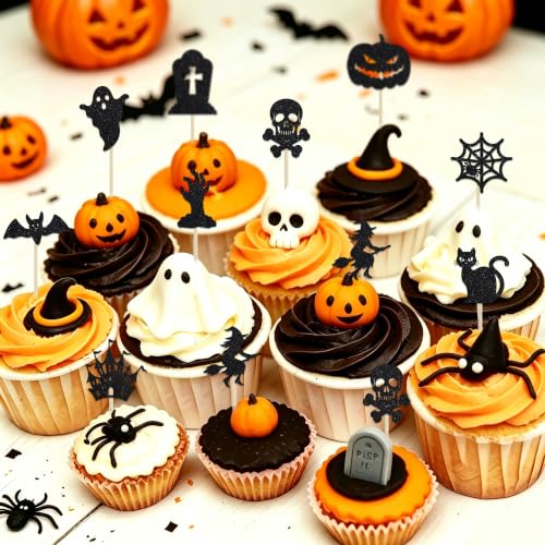 Halloween Cupcake Toppers - 30 Pcs Black Glitter Cake Decorations - Variation of THIS listing