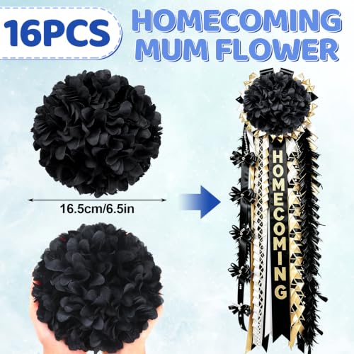 Black Homecoming Mum Flowers Bulk 16pcs - 6.5 Inch Artificial Chrysanthemums