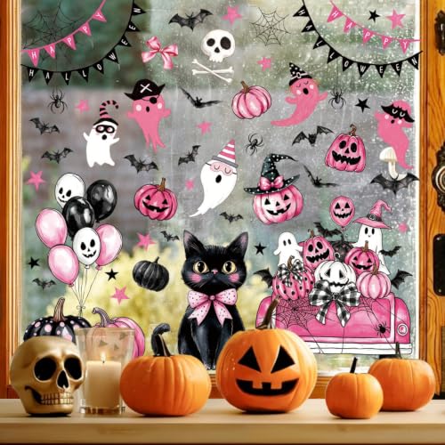 Halloween Window Clings - 73PCS Pink Ghost Pumpkin Bat Reusable Stickers - Halloween-C