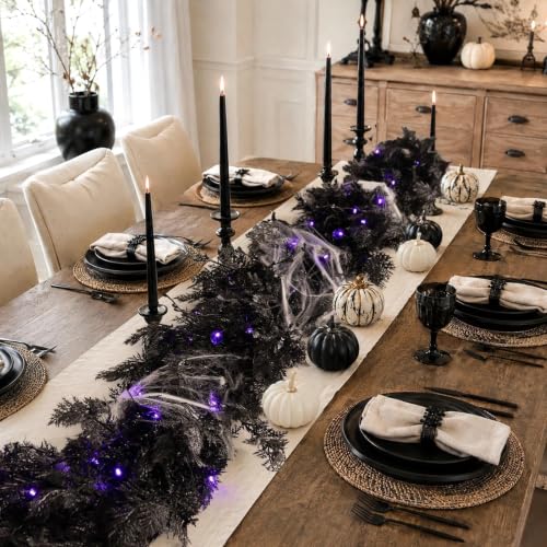 Halloween Garland Decorations - 9FT Pre-lit Black Cedar with Berry & Spider Web - Indoor Outdoor Decor - Variation: Halloween