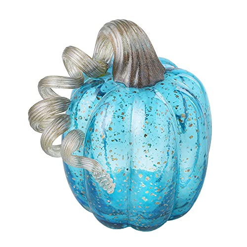 Blue Hand Blown Glass Pumpkin Figurine - 6.1 Inches Fall Decor