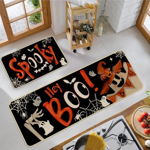 Halloween Spooky Kitchen Rugs Set of 2 - Ghost Floor Mats for Home & Decor