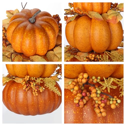 Artificial Pumpkin Fall Décor - Autumn Table Centerpiece with Faux Berries & Maple Leaves - Color #5