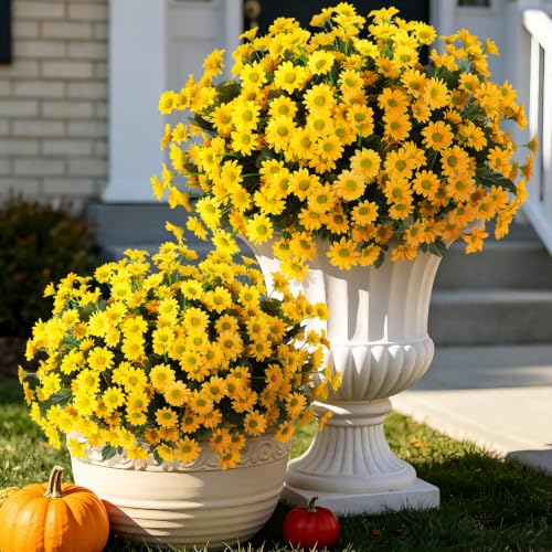 Artificial Fall Flowers Set - 12 Bundles UV-Resistant Fake Mums for Outdoor Decoration - 24 Yellow