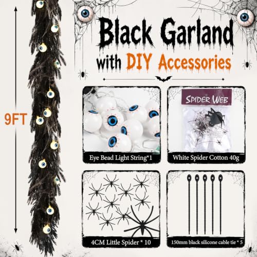 Black Halloween Garland with Eyeball String Lights - 9FT Spider Decoration