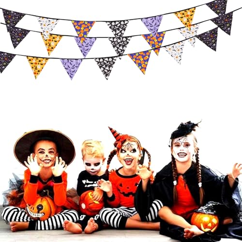 Halloween Pennant Banner Garland - 32Ft Fabric Triangle Flags for Party Decor - Black Orange Purple