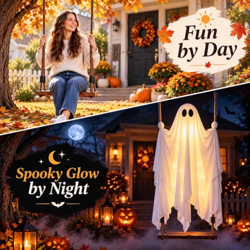 Large 4.5FT Hanging Ghost Swing Halloween Decor with Remote & Adjustable Ropes