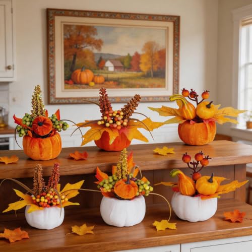 Velvet Fall Pumpkin Decor Set - 6 Artificial Mini Pumpkins for Halloween Thanksgiving