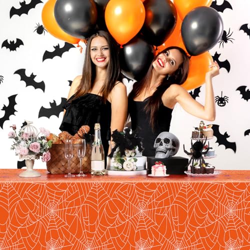 Halloween Spider Web Tablecloth - Waterproof Disposable Orange Rectangular Cover 54x108 Inch - 3 Pack