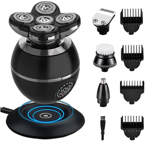 Upgrade 5-in-1 Electric Head Shaver for Men, LED Display, Multifunctional Cordless IPX7 Waterproof Rotary Grooming Kit