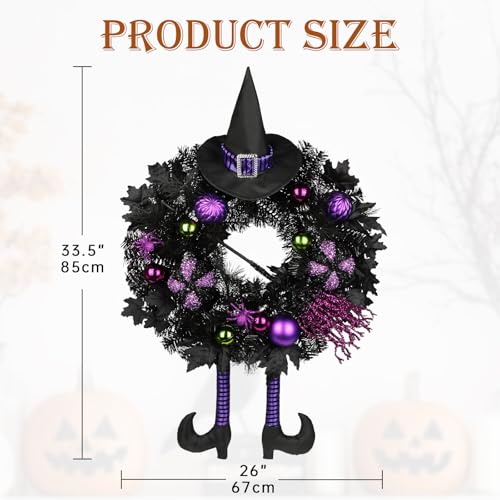 Halloween Wreath for Front Door 26 Inch - Black & Purple Witch Decor with Hat, Legs & Pumpkin