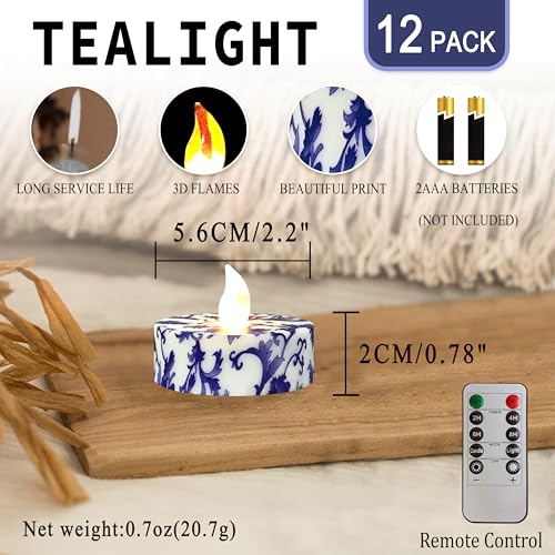 Blue & White Porcelain Flameless Tea Lights with Remote - BMP MIX, 12 Pack
