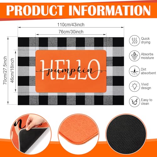 Fall Welcome Door Mats Set - Hello Pumpkin & Buffalo Check Outdoor Rug 30x18 & 43x27 Inches