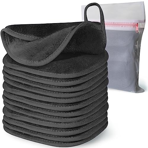 Reusable Makeup Remover Cloths 6x6 Inches - 12 Pack Microfiber Face Towels with Mesh Bag - Grey