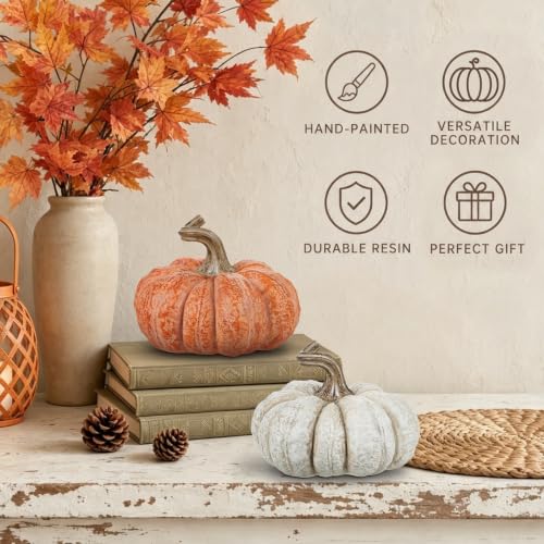 White Orange Fall Decor Set of 2 Artificial Resin Pumpkins - Autumn Home Accent