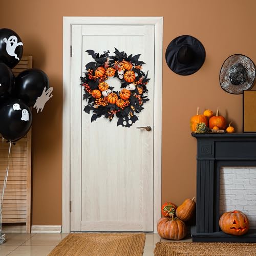 New Fall Halloween Wreath with Artificial Pumpkin & Skull - 20 Inch Front Door Decor
