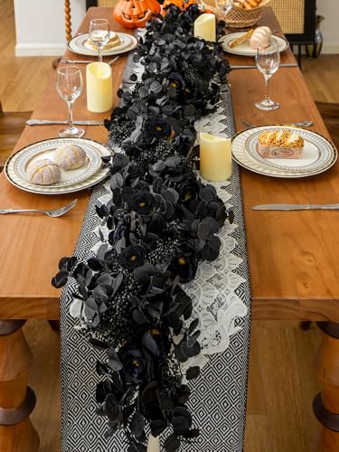 Black Halloween Garland with 10 Roses Berries & Eucalyptus Leaves - 6ft, Variation: Black