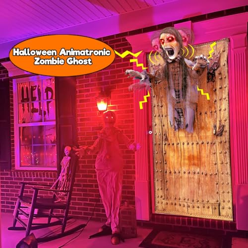76-Inch Halloween Animatronic Zombie Ghost Decoration with Red Eyes, Sound Activated Outdoor Decor