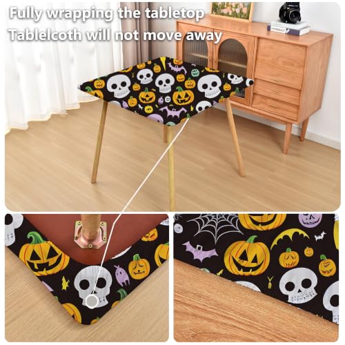 Halloween Pattern 6 Black Fitted Tablecloth for 38x38 Inch Square Folding Tables - Elastic, Washable, Stretch Spandex, Cartoon Skulls