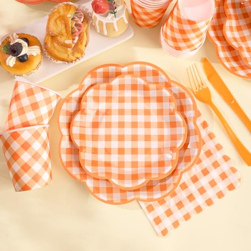Orange Gingham Party Plates and Napkins Set - Serves 25 - Variation of THIS listing
