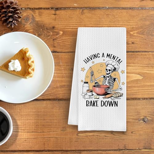 Casual Funny Goth Skull Skeleton Kitchen Towels - Having a Mental Bake Down 16x24 Inch