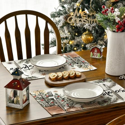 Christmas Placemats Set of 8 - 12x18 Inch Holiday Table Decor, Beige