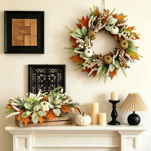 18 Inch Fall Pumpkin Wreath for Front Door - Small Version, Autumn Decor