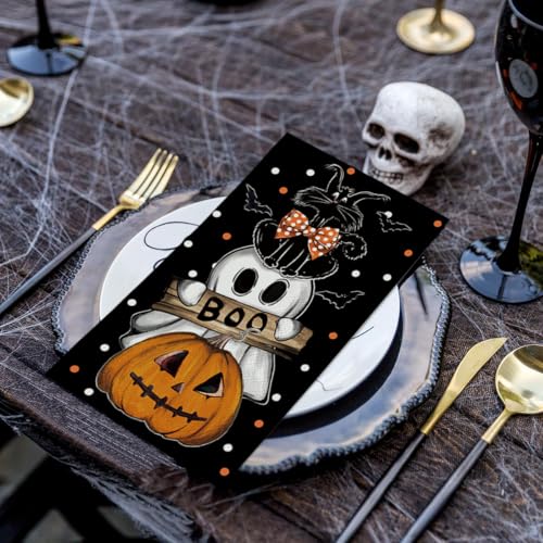 Halloween Paper Napkins 100 Pack - Orange Jack-O-Lantern Ghost Dots, 4.3x7.9 Inches