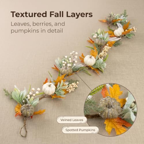 Fall Garland with Pumpkins Berries Leaves for Autumn & Thanksgiving Decor - 6ft