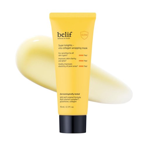 belif Super Knights - Vitamin Collagen Wrapping Peel Off Facial Mask, Elasticity + Hydration, Pore Firmenss & Even Skin Tone, with Multi Vitamin Complex and Glutathione | Korean Skincare, 2.3 fl. oz