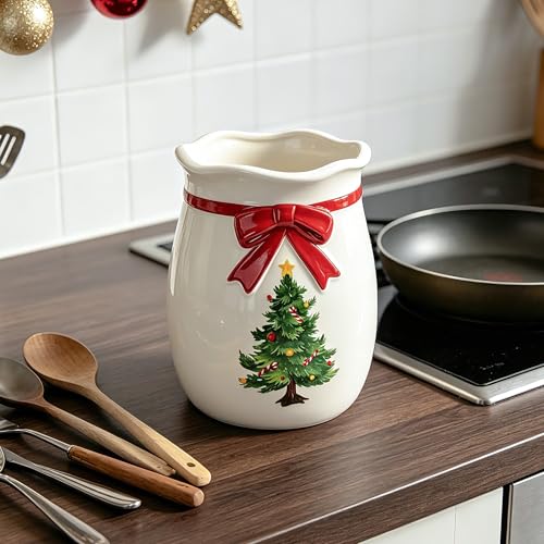 Christmas Tree-Shaped Ceramic Utensil Holder - Holiday Kitchen Decor