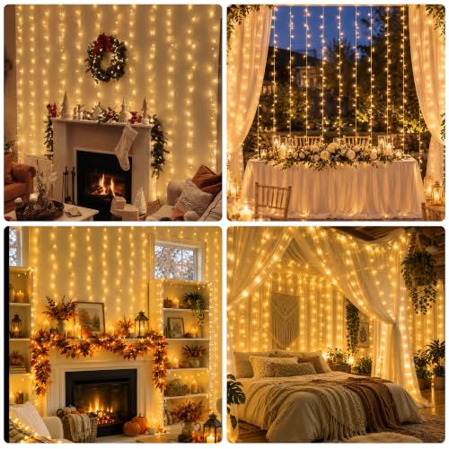 HEYFUNi Warm White Curtain Lights 13FT x 6.5FT Window Icicle Lights, Plug-in, 8 Modes